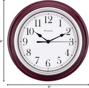 9-inch round burgundy wall clock with large analog display on a white background.