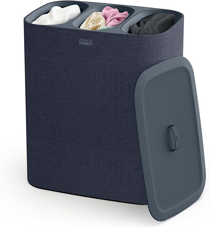 90-liter laundry hamper in black and dark blue with three removable bags and a lid, shown on a white background.