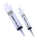 Set of 2 plastic donut filling injectors with ergonomic handles on a white background.