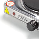 Stainless steel electric hot plate with a single, flat black burner. Features a temperature control knob and a red indicator light.