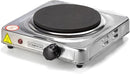 Stainless steel electric hot plate with a single, flat black burner. Features a temperature control knob and a red indicator light.