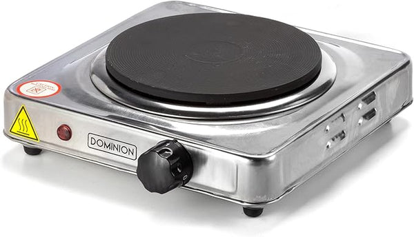 Dominion D1003S single electric hot plate burner with a stainless steel finish and flat heating surface, shown on a white background.
