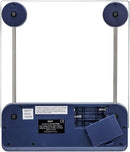 Blue digital kitchen scale with glass platform, touchless tare, and LCD display