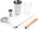 Five-piece bar tool set including stainless steel jigger, wooden muddler, stirrer, Boston shaker with glass top, and strainer.