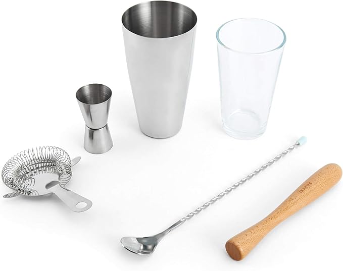 Five-piece bar tool set including stainless steel jigger, wooden muddler, stirrer, Boston shaker with glass top, and strainer.