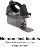 Black 6-speed electric hand mixer with stainless steel beaters.