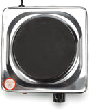Stainless steel electric hot plate with a single, flat black burner. Features a temperature control knob and a red indicator light.
