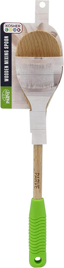 A long wooden mixing spoon with a light-colored wood head, a natural wood handle, and a thick, ergonomic green silicone grip at the base. The handle is marked "PARVE".
