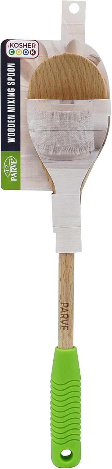 A long wooden mixing spoon with a light-colored wood head, a natural wood handle, and a thick, ergonomic green silicone grip at the base. The handle is marked "PARVE".