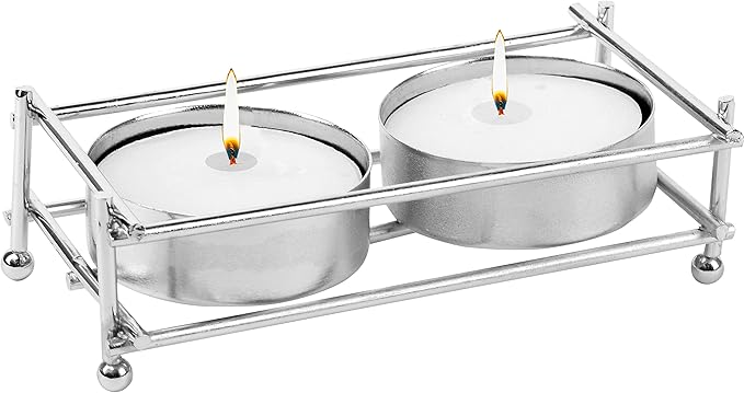 Pair of nickel-plated Ner Mitzvah tealight holders with tealight candles on a white background.