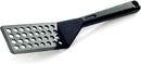 Black nylon slotted spatula with a narrow, beveled edge and long handle, shown on a white background.