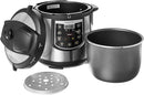 Stainless steel and black electric pressure cooker with a digital control panel.