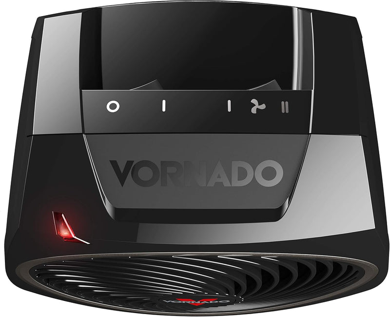 Black Vornado VH5 personal space heater with front grille and compact modern design on a white background.