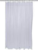 Clear PVC shower curtain liner with metal grommets and weighted magnetic hem, displayed against a white background.