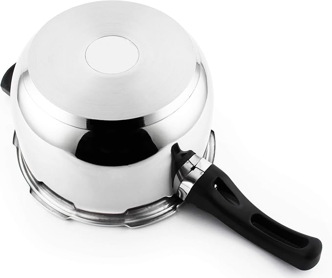 Stainless steel 6.7-quart pressure cooker with black handles and mirror polish finish, shown against a white background.