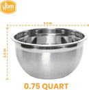 A 0.75-quart polished stainless steel mixing bowl with a deep design shown with dimensions on a white background.