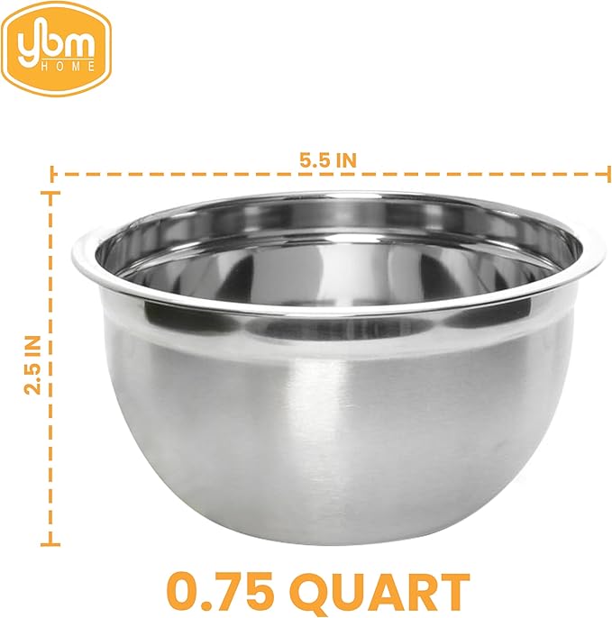 A 0.75-quart polished stainless steel mixing bowl with a deep design shown with dimensions on a white background.