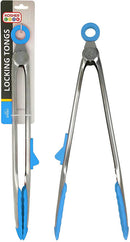 A 12-inch locking kitchen tong with a silver stainless steel handle and bright blue non-stick silicone tips, clearly labeled for Dairy use.