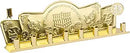A shiny gold tin candle menorah with intricate designs of coins, a dreidel, and a temple, perfect for celebrating Hanukkah.