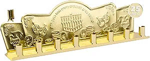 gold tin menorah for Chanukah, each with eight candle holders on a white background.