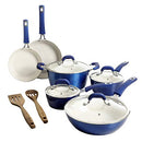 A full 12-piece nonstick cookware set with a shiny blue metallic exterior and white interior, including pots, pans, and two wooden utensils.
