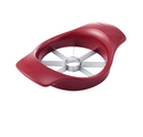 A red apple slicer and corer tool with a plastic handle and eight stainless steel blades radiating from the center. 