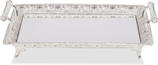 Ner Mitzvah large silver plated menorah tray with handles and mirrored surface, shown on a white background.