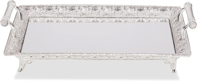 Ner Mitzvah large silver plated menorah tray with handles and mirrored surface, shown on a white background.