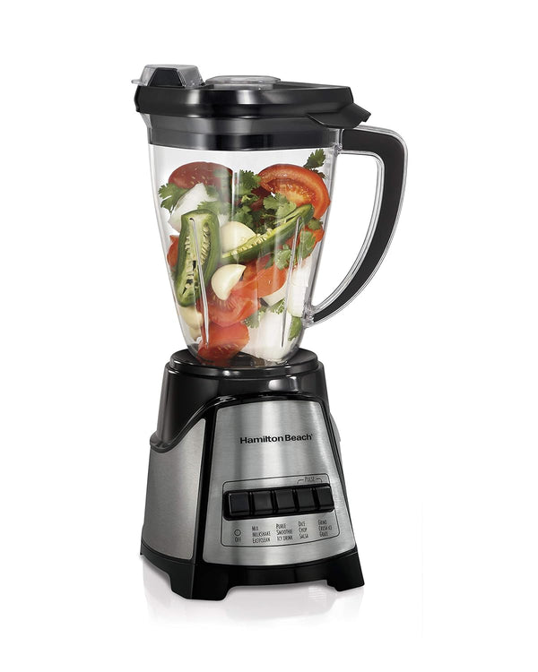 A Hamilton Beach blender with a brushed stainless steel and black base, a clear Tritan jar filled with fruits and ice, and a removable gray mesh strainer/chopper insert.