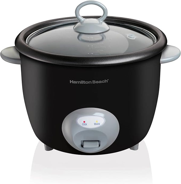 Hamilton Beach 20-cup rice cooker with nonstick bowl and glass lid, shown on a white background.