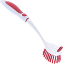 Red and white dual-sided scrubber brush with ergonomic non-slip handle and durable bristles for kitchen and bath use