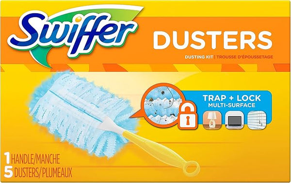 Complete Swiffer Dusters Kit, including a reusable yellow handle and five unscented disposable duster refills that effectively trap and lock dust and allergens.