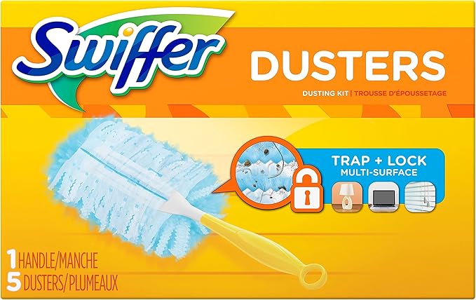 Complete Swiffer Dusters Kit, including a reusable yellow handle and five unscented disposable duster refills that effectively trap and lock dust and allergens.