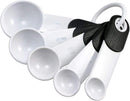 White plastic measuring spoon set with black accents and organizing ring
