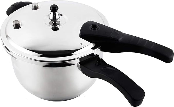 Stainless steel 6.7-quart pressure cooker with black handles and mirror polish finish, shown with lid on against a white background.