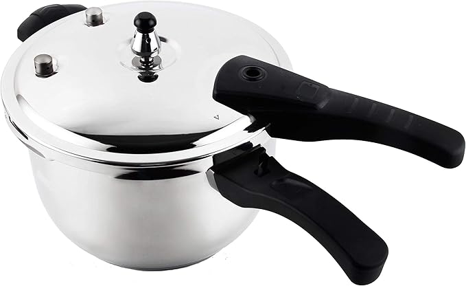 Stainless steel 6.7-quart pressure cooker with black handles and mirror polish finish, shown with lid on against a white background.