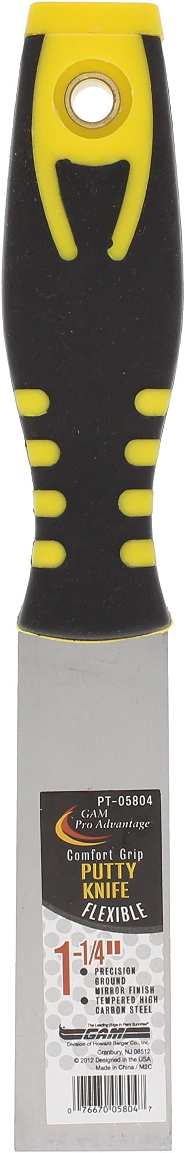 A 1-1/4 inch putty knife with a flat, flexible metal blade and a sturdy handle, designed for spreading, scraping, or smoothing putty and other materials.
