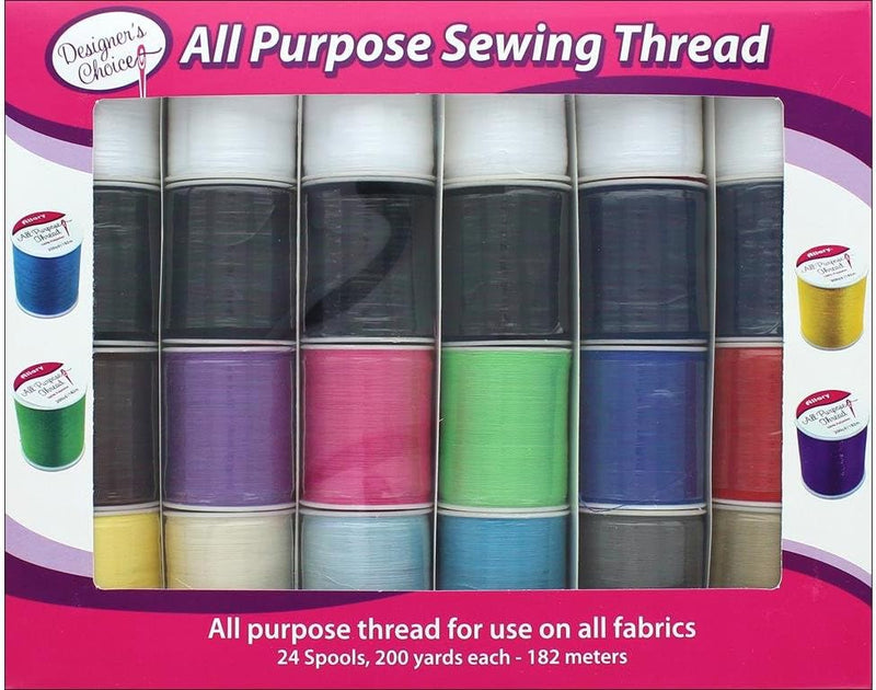 A boxed set of "Designer's Choice All Purpose Sewing Thread" featuring 24 spools of various colored threads, including blue, green, yellow, pink, purple, and more. Each spool contains 200 yards (182 meters) of thread.