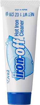A 1-ounce tube of Dritz Iron-Off Hot Iron Cleaner, a non-toxic white cream with a blue screw cap, designed for cleaning iron soleplates.