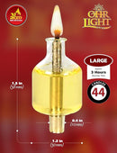 A box containing 44 large, clear glass Hanukkah oil cups pre-filled with yellow olive oil, brass wick holders, and a bonus travel kit. Several lit cups are displayed in the foreground.