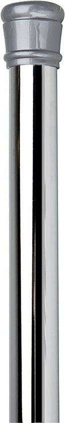 Chrome tension curtain rod with adjustable length, displayed diagonally on a white background.
