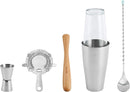 Five-piece bar tool set including stainless steel jigger, wooden muddler, stirrer, Boston shaker with glass top, and strainer.