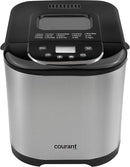Courant automatic bread maker with a brushed stainless steel body, black accents, and a top-hinged black lid featuring a small digital screen, labeled control buttons, and a vented design.