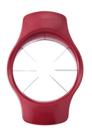 A red apple slicer and corer tool with a plastic handle and eight stainless steel blades radiating from the center. 