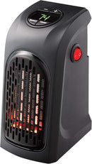 A compact, black 400-watt ceramic space heater with a digital display, designed to plug directly into a wall outlet, shown with a red power button and control buttons on top.