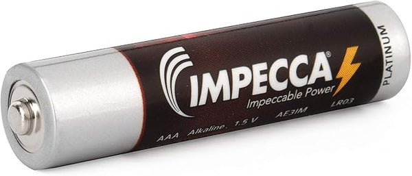 Impecca AAA 1.5V alkaline batteries in blister card packaging on a white background.
