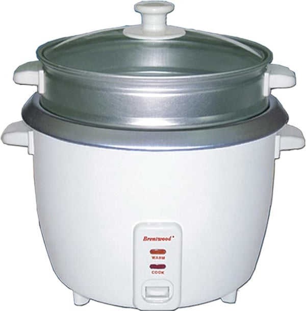White Brentwood 4-cup rice cooker with steamer basket and clear glass lid on a white background.