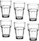 Set of six clear 16.25 oz Bormioli Rocco Rock Bar cooler glasses with a stackable design, shown on a white background.