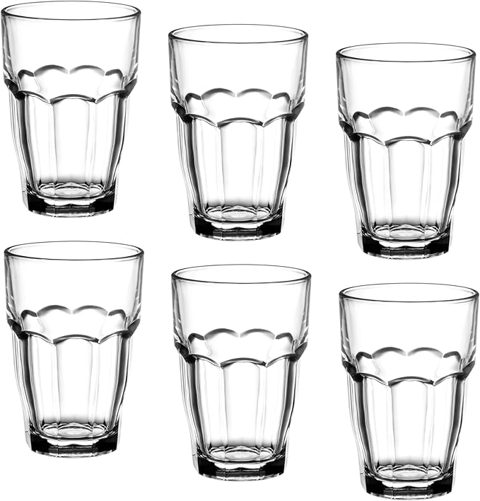Set of six clear 16.25 oz Bormioli Rocco Rock Bar cooler glasses with a stackable design, shown on a white background.