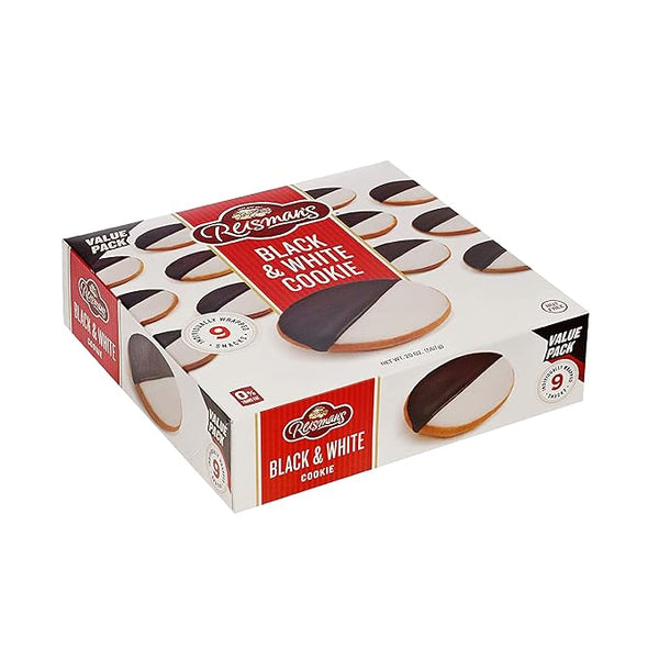 Box of Reisman’s Bakery Value Pack Black and White Cookies showing individually wrapped nut-free and dairy-free cookies on a white background.